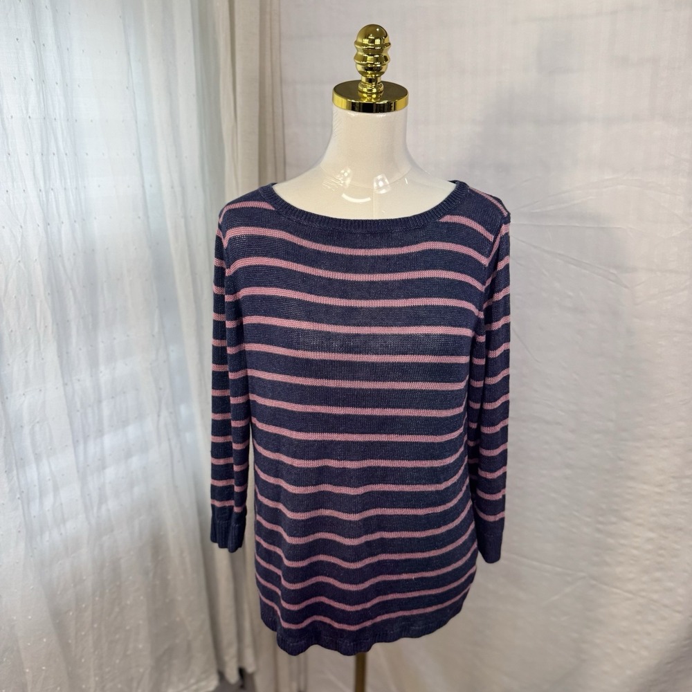 Great Talbots 100%‎ Linen Stripe Sweater Womens Large Navy Pink Preppy Classic